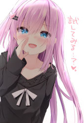 Rule 34 | 1girl, :d, black dress, blue eyes, blush, bow, collarbone, commentary request, dress, hair between eyes, hair ornament, hairclip, hand up, heart, heart hair ornament, highres, kouda suzu, long hair, long sleeves, looking at viewer, one side up, open mouth, original, pink hair, simple background, sleeves past wrists, smile, solo, translation request, upper body, very long hair, white background, white bow