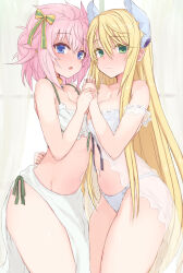 Rule 34 | 2girls, babydoll, blonde hair, blue eyes, blush, bow, bra, breasts, closed mouth, feet out of frame, green bow, green eyes, hair bow, highres, holding hands, large breasts, long hair, looking at viewer, medium breasts, multiple girls, navel, ocha (ochappie), panties, parted lips, pink hair, rance (series), rance 10, sheila helman, short hair, sill plain, two-tone bow, underwear, white bra, white panties, yellow bow
