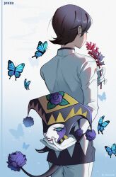 Rule 34 | 1boy, black hair, blue butterfly, bug, butterfly, character name, flower, flower request, from behind, gakuran, gloves, highres, holding, holding flower, holding mask, insect, joker (persona 2), kurosu jun, light particles, long sleeves, male focus, mask, persona, persona 2, persona 2 tsumi, red flower, risuko.exe (artist), school uniform, short hair, simple background, solo, spoilers, tail, white gloves