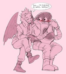 Rule 34 | 2boys, absurdres, blush, boku no hero academia, boots, closed mouth, commentary, english commentary, english text, facial hair, feathered wings, full body, gloves, habkart, hawks (boku no hero academia), head rest, highres, jacket, looking at another, male focus, monochrome, multiple boys, pants, pink background, pink theme, short hair, simple background, sitting, sketch, smile, speech bubble, stubble, wash (boku no hero academia), washing machine, wings, yaoi