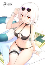 Rule 34 | 1girl, absurdres, arm up, azur lane, bare shoulders, beach mat, beach towel, bikini, black bikini, blush, breasts, bridal garter, character name, cleavage, cleavage cutout, clothing cutout, collarbone, commentary, copyright name, eyewear on head, halterneck, hand up, heart, heart-shaped eyewear, highres, innertube, large breasts, looking at viewer, navel, o-ring, o-ring bikini, o-ring top, off shoulder, open mouth, paaru, pink-framed eyewear, red eyes, scrunchie, see-through, short hair, simple background, sirius (azur lane), sirius (scorching-hot seirios) (azur lane), sitting, solo, stomach, sunglasses, swim ring, swimsuit, thigh gap, thigh strap, thighs, towel, white background, white hair, white scrunchie, wrist scrunchie