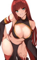 Rule 34 | blue eyes, breasts, cleavage, cleavage cutout, clothing cutout, commentary request, crop top, detached sleeves, earrings, grin, hand on own hip, hand on own thigh, haneramu, highres, hoop earrings, jewelry, large breasts, leaning forward, long hair, navel, original, panties, pelvic curtain, red hair, red thighhighs, revealing clothes, smile, string panties, thighhighs, underwear, white background