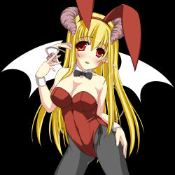Rule 34 | 1girl, animal ears, bat wings, blonde hair, demon, demon tail, demon wings, fake animal ears, horns, leotard, long hair, md5 mismatch, pantyhose, playboy bunny, pointy ears, rabbit ears, red eyes, resolution mismatch, solo, source larger, tail, umitsubame, wings