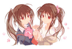 Rule 34 | 2girls, :&lt;, ahoge, ardbf, black jacket, bow, brown hair, brown jacket, closed mouth, collared shirt, commentary request, cropped torso, dual persona, hair between eyes, hair ornament, hair scrunchie, holding hands, jacket, little busters!, little busters! school uniform, long hair, long sleeves, looking at viewer, multiple girls, natsume rin, open clothes, open jacket, pink bow, pink scrunchie, ponytail, red eyes, school uniform, scrunchie, shirt, simple background, sketch, smile, split mouth, upper body, white background, white shirt