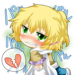 Rule 34 | 1girl, angry, arm warmers, bad id, bad pixiv id, blonde hair, blush, broken heart, chibi, clenched teeth, female focus, frown, green eyes, heart, looking at viewer, looking back, mizuhashi parsee, no nose, nose blush, pointy ears, ponytail, rebecca (keinelove), short hair, short sleeves, solo, spoken heart, tears, teeth, touhou