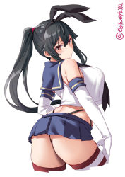 Rule 34 | 1girl, alternate costume, ass, black hair, black hairband, black panties, blush, breasts, brown eyes, cosplay, crop top, cropped legs, ebifurya, elbow gloves, from behind, gloves, hairband, highleg, highleg panties, highres, kantai collection, large breasts, long hair, looking at viewer, looking back, microskirt, miniskirt, one-hour drawing challenge, panties, ponytail, sailor collar, school uniform, serafuku, shimakaze (kancolle), shimakaze (kancolle) (cosplay), sidelocks, simple background, skirt, solo, striped clothes, striped thighhighs, thighhighs, underwear, white background, white gloves, yahagi (kancolle)