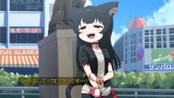 Rule 34 | 1girl, 7up, animal ears, arm tattoo, bangle, bell, black choker, black eyes, black hair, black jacket, black thighhighs, blazer, blunt bangs, blush, borrowed character, bow, bracelet, breasts, building, bush, cat ears, cat girl, cat tail, choker, city, commentary request, cowboy shot, earclip, fuka (kantoku), grey shirt, half-closed eyes, highres, holding, holding phone, jacket, jewelry, jingle bell, long hair, looking at viewer, medium bangs, neck bell, no parking sign, open clothes, open jacket, open mouth, original, outdoors, phone, red bow, shirt, short sleeves, small breasts, smile, solo, subtitled, t-shirt, tail, tail bow, tail ornament, tattoo, thighhighs, translation request