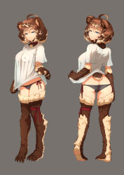Rule 34 | 1girl, ahoge, animal ears, ass, barb-tan, barbariank, bear ears, bear tail, belt collar, blouse, blue eyes, bottomless, breasts, brown hair, butt crack, claws, closed mouth, clothes lift, collar, covered erect nipples, full body, fur, grey background, grey panties, heart, heart-shaped pupils, highres, large breasts, leg ribbon, legband, lifting own clothes, looking at viewer, looking back, monster girl, monster girl encyclopedia, multiple views, no bra, no pants, panties, ribbon, seductive smile, shirt, shirt lift, short hair, simple background, smile, standing, symbol-shaped pupils, tail, thigh ribbon, underwear, white shirt