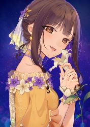 Rule 34 | 1girl, :d, bare shoulders, blue sky, brown dress, brown eyes, brown hair, chisumi, commentary request, dress, flower, hands up, highres, holding, holding flower, idolmaster, idolmaster cinderella girls, long hair, looking at viewer, looking to the side, mizumoto yukari, night, night sky, off-shoulder dress, off shoulder, open mouth, own hands together, sky, smile, solo, star (sky), starry sky, wrist cuffs