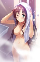 Rule 34 | 1girl, :o, after bathing, arms up, bathroom, blurry, blurry background, blush, breasts, brown hair, censored nipples, collarbone, commentary request, convenient censoring, cowboy shot, drying, drying hair, from above, green eyes, groin, hair censor, highres, himekawa yuki, idolmaster, idolmaster cinderella girls, indoors, long hair, looking at viewer, medium breasts, navel, nude, one eye closed, parted lips, sink, solo, sparkle, standing, steam, steam censor, stomach, towel, towel on head, wet, wet hair, white towel, z.nov