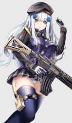 Rule 34 | 1girl, absurdres, assault rifle, bad id, bad pixiv id, belt pouch, beret, black hat, black skirt, blue thighhighs, breasts, cross hair ornament, cup6542, facial mark, girls&#039; frontline, gloves, green eyes, gun, h&amp;k hk416, hair ornament, hand up, hat, highres, hk416 (girls&#039; frontline), holding, holding gun, holding weapon, jacket, leg belt, long hair, long sleeves, looking at viewer, medium breasts, miniskirt, name connection, object namesake, panties, parted lips, pleated skirt, pouch, purple jacket, rifle, skirt, solo, thighhighs, trigger discipline, underwear, weapon, white background, white gloves, white hair, white panties
