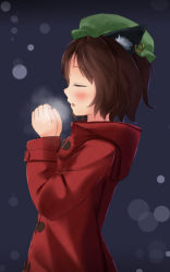 Rule 34 | 1girl, alternate costume, animal ears, bad id, bad pixiv id, blue background, blush, breath, brown hair, cat ears, chen, closed eyes, coat, earrings, hood, jewelry, light particles, long sleeves, open mouth, pokio, profile, short hair, simple background, single earring, solo, touhou