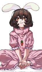 Rule 34 | 1girl, animal ears, brown eyes, brown hair, carrot necklace, dress, flat chest, floppy ears, frilled sleeves, frills, hair between eyes, hands on own feet, highres, inaba tewi, jewelry, long bangs, looking at viewer, necklace, nio (meple nio), pink dress, rabbit ears, rabbit girl, short hair, short sleeves, simple background, sitting, smile, solo, thick eyebrows, touhou, white background