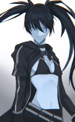 Rule 34 | 1girl, belt, bikini, bikini top only, black belt, black bikini, black choker, black hair, black hoodie, black pants, black rock shooter, black rock shooter (character), blue eyes, blue skin, breasts, bright pupils, choker, colored skin, gradient background, hand in pocket, highres, hood, hoodie, navel, pants, small breasts, solo, swimsuit, twintails, white pupils, yan (yaan42)
