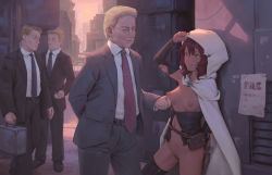 Rule 34 | 1girl, 3boys, bigrbear, black neckwear, black suit, black thighhighs, blonde hair, blue eyes, grabbing another&#039;s breast, breasts, building, business suit, cityscape, cloak, commentary, english commentary, fat, fat man, formal, grabbing, grey suit, highres, hood, hood up, multiple boys, navel, necktie, nipples, old, old man, original, outdoors, prostitution, red hair, red neckwear, small breasts, standing, suit, thighhighs, white cloak, white hood