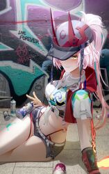 1girl absurdres asymmetrical_sleeves baseball_cap belt black_hat black_shorts black_visor blue_hair blush bridal_gauntlets crop_top fishnet_bridal_gauntlets fishnet_top fishnets graffiti green_eyes hat hat_horns highres honkai:_star_rail honkai_(series) horned_hat jacket jelmul long_hair looking_at_viewer midriff multicolored_hair navel pink_hair ponytail rappa_(honkai:_star_rail) red_arm_warmers red_jacket shirt short_shorts shorts single_sleeve_past_wrist smile spray_can streaked_hair thighs tied_shirt uneven_sleeves v white_belt white_shirt wide_hips