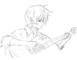 Rule 34 | 1girl, character request, closed mouth, collared shirt, commentary request, copyright request, greyscale, guitar, holding, holding instrument, instrument, lineart, long sleeves, male focus, mitsugu, monochrome, music, playing instrument, profile, shirt, short hair, simple background, smile, solo, white background