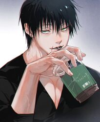 Rule 34 | 1boy, black hair, black shirt, cup, disposable cup, drinking straw, drinking straw in mouth, fushiguro touji, highres, holding, holding cup, jujutsu kaisen, lips, looking at viewer, lower teeth only, male focus, pectorals, sashiyu, shirt, solo, teeth, upper body