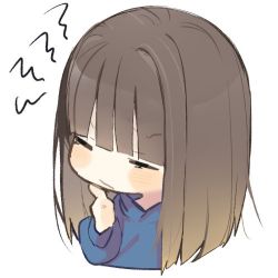 Rule 34 | 1girl, black jacket, blush, brown hair, closed eyes, hand to own mouth, jacket, kawaii rowa, long hair, long sleeves, original, portrait, simple background, solo, squiggle, thinking, white background