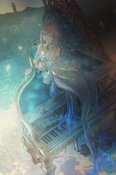 Rule 34 | 1girl, aqua eyes, bare shoulders, bottle, bracelet, breasts, cleavage, commentary, english commentary, fins, hair between eyes, head fins, highres, instrument, jewelry, lighthouse, long hair, looking at viewer, medium breasts, mermaid, miv4t, monster girl, original, outdoors, parted lips, piano, pink hair, ring, scales, solo, wet