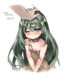 Rule 34 | 1girl, beleth (megido72), blush, breasts, character name, collar, dress, english text, green hair, hand on another&#039;s head, happy birthday, kure udon, long hair, megido72, one eye closed, simple background, slave, small breasts, solo focus, strap slip, v arms, white background
