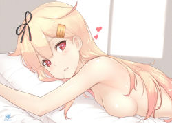 Rule 34 | 10s, 1girl, bare shoulders, blonde hair, blush, breast press, breasts, dan (kumadan), gradient hair, hair between eyes, hair flaps, heart, heart-shaped pupils, kantai collection, long hair, looking at viewer, lying, medium breasts, midriff, multicolored hair, nude, hugging object, on stomach, parted lips, pillow, pillow hug, red eyes, red hair, sideboob, solo, suggestive fluid, symbol-shaped pupils, upper body, yuudachi (kancolle), yuudachi kai ni (kancolle)