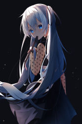 Rule 34 | 1girl, aqua hair, black dress, blue eyes, blush, commentary request, cowboy shot, dress, from behind, hair between eyes, hair ribbon, hand up, hatsune miku, highres, long hair, long sleeves, looking at viewer, looking back, mouth hold, ribbon, ribbon in mouth, see-through, see-through sleeves, solo, sparkle, suisen-21, twintails, very long hair, vocaloid