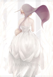 Rule 34 | 1girl, bare shoulders, character name, commentary request, dress, facing away, fate/grand order, fate (series), frankenstein&#039;s monster (fate), from behind, highres, horns, marumoru, pink hair, short hair, short sleeves, single horn, solo, standing, strapless, strapless dress, veil, white dress