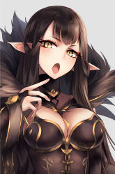 Rule 34 | 1girl, :o, between breasts, black dress, blush, breasts, bridal gauntlets, brown hair, cleavage, dress, fate/grand order, fate (series), fur-trimmed dress, fur trim, grey background, hand up, head tilt, highres, index finger raised, jazztaki, large breasts, long hair, open mouth, pointy ears, semiramis (fate), simple background, solo, straight hair, tsurime, upper body, yellow eyes