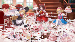 Rule 34 | 3girls, alice margatroid, apron, ascot, bad id, bad pixiv id, bare shoulders, black footwear, black skirt, blonde hair, blue dress, blue skirt, blueberry, book, bow, bowtie, brown footwear, brown hair, cake, chair, closed mouth, cream, dress, food, footprints, frilled skirt, frills, fruit, hair bow, hakurei reimu, hat, hat ribbon, highres, holding, holding food, indoors, kirisame marisa, kneehighs, long hair, mary janes, multiple girls, non-web source, open mouth, pantyhose, peach, plate, puffy sleeves, red bow, red bowtie, red footwear, red ribbon, red skirt, ribbon, sakura ayame, shoes, short hair, short sleeves, skirt, skirt set, smile, socks, stairs, strawberry, touhou, white pantyhose, white socks, window
