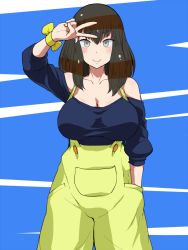 Rule 34 | 10s, 1girl, bare shoulders, blush, breasts, brown hair, cleavage, collarbone, cowboy shot, female focus, gatchaman, gatchaman crowds, gorgonzola (paradisegom), grey eyes, hand in pocket, ichinose hajime, large breasts, long hair, looking at viewer, off-shoulder shirt, off shoulder, shirt, simple background, smile, solo, standing, striped, striped background, v, v over eye
