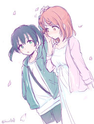 Rule 34 | 2girls, black hair, blunt bangs, blush, braid, braided bun, cherry blossoms, collarbone, commentary request, cropped arms, cropped legs, dot nose, dress, gradient hair, green eyes, green jacket, green pants, hair between eyes, hair bun, hair ornament, hairclip, half updo, hand in pocket, hand on another&#039;s head, hand on own face, itsuki kuro, jacket, looking at another, love live!, love live! nijigasaki high school idol club, medium hair, multicolored hair, multiple girls, open mouth, orange hair, pants, pink jacket, shirt, signature, single side bun, sketch, strap, streaked hair, swept bangs, takasaki yu, twintails, two-tone hair, uehara ayumu, unfinished, white background, white dress, white shirt, yellow eyes