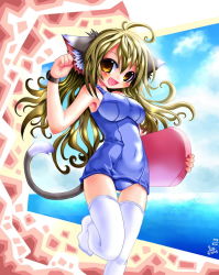 Rule 34 | 1girl, ahoge, animal ears, blonde hair, blush, breasts, brown eyes, cat ears, cat girl, cat tail, emperpep, female focus, one-piece swimsuit, open mouth, outdoors, school swimsuit, sky, solo, swimsuit, tail, thighhighs, white thighhighs