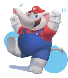 Rule 34 | 1boy, blue eyes, blue overalls, blush, clenched hands, elephant boy, elephant mario, facial hair, furry, furry male, gloves, hat, highres, initial, looking at viewer, mario, mario (series), musical note, mustache, nintendo, overalls, red hat, shoyuna (cai1448331577), simple background, solo, super mario bros. wonder, white gloves