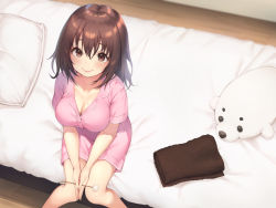 Rule 34 | 1girl, bed, blush, breasts, brown eyes, brown hair, buttons, cleavage, closed mouth, collarbone, hair between eyes, indoors, large breasts, lips, looking at viewer, mimikaki, mole, mole on breast, on bed, original, pajamas, pillow, pink pajamas, pokachu, short sleeves, sitting, smile, solo, stuffed animal, stuffed seal, stuffed toy, towel, wooden floor