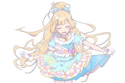 Rule 34 | 10s, 1girl, aikatsu! (series), aikatsu stars!, blonde hair, bow, bowing, clothes lift, cowboy shot, dress, closed eyes, frills, gloves, hair bow, heart, heart necklace, idol, jewelry, long hair, lower teeth only, necklace, open mouth, shiontaso, shiratori hime, short sleeves, simple background, skirt, skirt lift, smile, solo, star (symbol), teeth, white background, white gloves