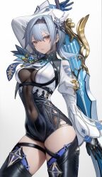 Rule 34 | 1girl, absurdres, asymmetrical hair, black gloves, black hairband, black thighhighs, blue hair, blue necktie, breasts, covered navel, eula (genshin impact), genshin impact, gloves, hairband, highres, holding, holding sword, holding weapon, leotard, looking at viewer, medium breasts, medium hair, necktie, nyatabe, parted lips, simple background, solo, song of broken pines (genshin impact), sword, thighhighs, thighs, vision (genshin impact), weapon, white background, yellow eyes