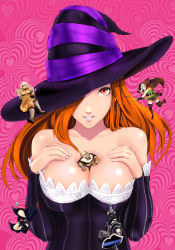 Rule 34 | 3boys, 3girls, absurdres, amazon (dragon&#039;s crown), atlus, bare shoulders, between breasts, breasts, catherine (game), catherine cover parody, cleavage, detached sleeves, dragon&#039;s crown, dwarf (dragon&#039;s crown), elf (dragon&#039;s crown), everyone, fighter (dragon&#039;s crown), hat, hat over one eye, highres, infinote, large breasts, lips, long hair, looking at viewer, mini person, miniboy, minigirl, multiple boys, multiple girls, one eye covered, parody, person between breasts, red eyes, red hair, smile, sorceress (dragon&#039;s crown), witch hat, wizard (dragon&#039;s crown)