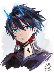 Rule 34 | 10s, 1boy, black bodysuit, black hair, blue eyes, blue horns, bodysuit, commentary request, darling in the franxx, glowing, glowing eye, hiro (darling in the franxx), horns, looking at viewer, male focus, oni horns, pierorabu, pilot suit, signature, solo, spoilers, tube