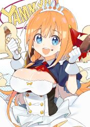 Rule 34 | 1girl, ascot, blue eyes, blush, braid, breasts, chicken leg, cleavage, dress, food, food on face, fork, gloves, hair ribbon, holding, holding food, holding fork, large breasts, long hair, looking at viewer, open mouth, orange hair, pasta, pecorine (princess connect!), pinch (nesume), princess connect!, red ascot, red ribbon, ribbon, short sleeves, side braid, simple background, solo, spaghetti, tiara, white gloves