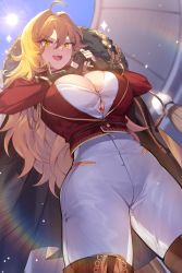 Rule 34 | blonde hair, breasts, cleavage, cleavage cutout, clothing cutout, fist in hand, high-waist pants, highres, large breasts, looking down, mendou kusai, open mouth, pants, pants tucked in, solo, source request, thighs, tight clothes, tight pants, wavy hair, white pants, yellow eyes