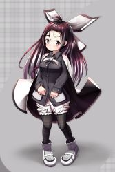 Rule 34 | 1girl, bangs pinned back, black cape, black pantyhose, black shirt, bloomers, blush, boots, cape, closed mouth, collared shirt, commentary request, forehead, grey eyes, hair ornament, highres, long hair, long sleeves, looking at viewer, mochiyuki, multicolored cape, multicolored clothes, original, pantyhose, pantyhose under shorts, pigeon-toed, purple hair, shirt, shorts, sleeves past wrists, solo, standing, thick eyebrows, underwear, very long hair, virtual youtuber, white bloomers, white cape, white footwear