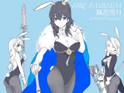 Rule 34 | 4girls, alternate costume, animal ears, annette fantine dominic, ass, back, backless outfit, blue background, blue eyes, blush, bow, bowtie, braid, breasts, byleth (female) (fire emblem), byleth (fire emblem), cape, chibi, cleavage, closed eyes, coat, copyright name, cowboy shot, crusher (weapon), dated, detached collar, fake animal ears, fire emblem, fire emblem: three houses, fur trim, hair ribbon, hand on hilt, hand on own cheek, hand on own face, heroes relic (fire emblem), hollow eyes, ijiro suika, ingrid brandl galatea, lance, leotard, long hair, luin (weapon), medium breasts, medium hair, mercedes von martritz, monochrome, multiple girls, nintendo, open mouth, pantyhose, playboy bunny, polearm, purple eyes, rabbit ears, rabbit tail, ribbon, short hair, simple background, spear, spot color, tail, tress ribbon, twitter username, warhammer, wavy mouth, weapon, wrist cuffs