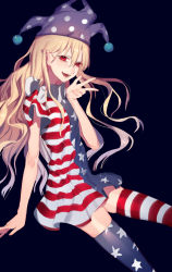 Rule 34 | 1girl, alternate legwear, american flag dress, american flag legwear, blonde hair, blush, clownpiece, dress, fang, hat, highres, jester cap, long hair, looking at viewer, no wings, open mouth, pointy ears, red eyes, short dress, smile, solo, striped clothes, striped dress, striped thighhighs, thighhighs, thighs, tian (my dear), touhou, very long hair, zettai ryouiki