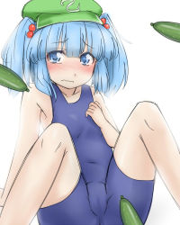 Rule 34 | 1girl, blue eyes, blue hair, blush, cucumber, female focus, hair bobbles, hair ornament, hat, kawashiro nitori, matching hair/eyes, one-piece swimsuit, sexually suggestive, short twintails, solo, spread legs, swimsuit, tori (minamopa), touhou, twintails, two side up, wavy hair, wavy mouth
