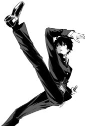 Rule 34 | 1boy, commentary request, foot out of frame, gakuran, greyscale, high kick, holding, holding knife, kicking, knife, loafers, male focus, melty blood, metarogu, monochrome, nanaya shiki, school uniform, shoes, simple background, solo, tsukihime