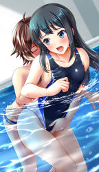 Rule 34 | 1boy, 1girl, absurdres, ahoge, air bubble, alternate costume, asashio (kancolle), black hair, black one-piece swimsuit, blue eyes, blue male swimwear, blue one-piece swimsuit, blue swim briefs, blush, grabbing another&#039;s breast, breasts, brown hair, bubble, cameltoe, closed eyes, collarbone, competition swimsuit, covered navel, fingering, from behind, grabbing, hair between eyes, hetero, highleg, highleg swimsuit, highres, implied sex, indoors, kantai collection, long hair, male swimwear, one-piece swimsuit, open mouth, partially submerged, pool, rei no pool, small breasts, surprised, swim briefs, swimsuit, tsuchimiya, water, wet, wet clothes, wet swimsuit