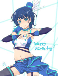 Rule 34 | 1girl, aqua belt, artist name, artist request, asaka karin, bare shoulders, belt, black gloves, black legwear, black sleeves, blue belt, blue bow, blue camisole, blue detached collar, blue eyes, blue hair, blue hat, blue pants, blue shirt, blue shorts, blue tank top, blue wrist cuffs, blush, bow, bowtie, breasts, bridal gauntlets, buttons, camisole, cleavage, collarbone, crop top, dark blue hair, detached collar, detached sleeves, earrings, elbow sleeve, feathers, female focus, fingerless gloves, fishnet legwear, fishnets, gloves, hat, hat feather, heart, heart hands, jewelry, looking at viewer, love live!, love live! nijigasaki high school idol club, love live! school idol festival, medium breasts, medium hair, midriff, mini hat, mini top hat, mole, mole on body, mole on breast, nail, nail polish, pants, parted lips, pink nails, shirt, short hair, shorts, single bare shoulder, single sleeve, sleeveless, smile, solo, star (symbol), star earrings, tank top, thigh strap, top hat, v-shaped eyebrows, vivid world (love live!), white feathers, wing collar, wrist cuffs