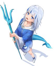 Rule 34 | 1girl, absurdres, animal costume, blue hair, blue hoodie, blue socks, blunt bangs, fins, fish tail, gawr gura, gawr gura (1st costume), grey hair, highres, holding trident, hololive, hololive english, hood, hoodie, kaze 22, looking at viewer, medium hair, multicolored hair, open mouth, shark costume, shark girl, shark tail, sharp teeth, shoes, sidelocks, smile, sneakers, socks, solo, streaked hair, tail, teeth, upper teeth only, virtual youtuber, white footwear
