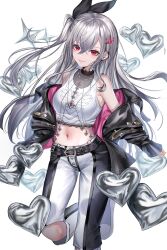 1girl bare_shoulders belt belt_buckle black_belt breasts buckle crop_top crossed_bangs down_jacket gem grey_hair groin hair_ornament hairpin heart heart_background highres hololive hololive_dev_is isaki_riona jacket jewelry karanashi_noma knee_cutout long_hair looking_at_viewer medium_breasts midriff navel_piercing necklace off_shoulder pants piercing print_shirt rabbit_bow red_eyes red_gemstone shirt side_ponytail solo spiked_ear_piercing tank_top tight_clothes tight_pants two-sided_fabric two-sided_jacket virtual_youtuber white_background white_tank_top